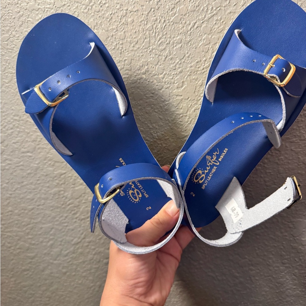 Salt Water Sandals by Hoy in Blue with Gold Buckles